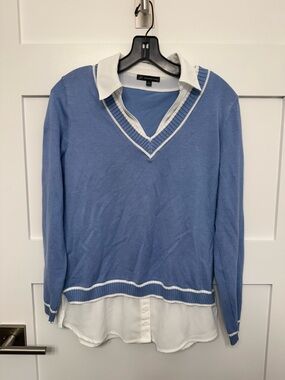 Adrianna Papell Light Blue Sweater with White Shirt Trim